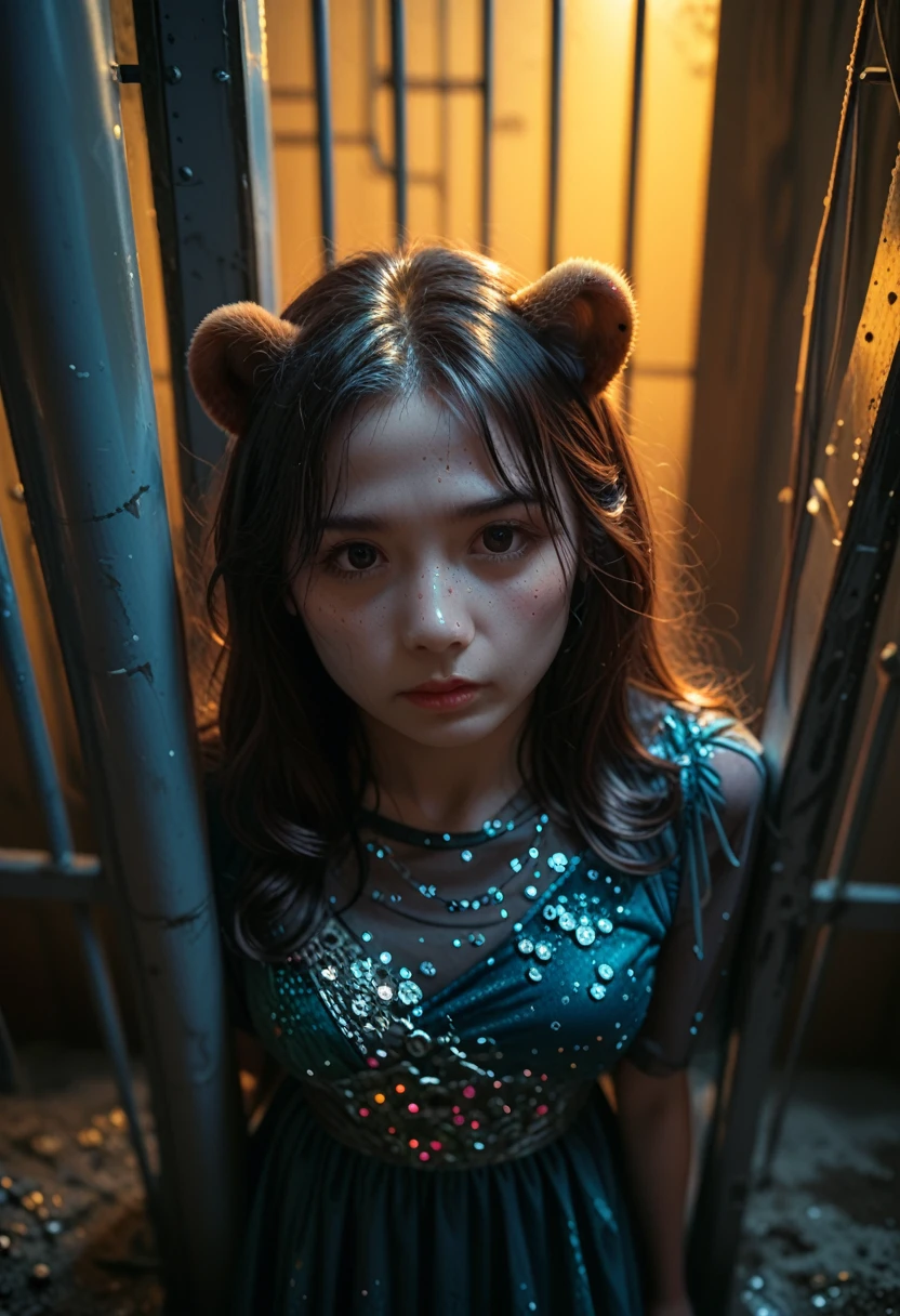 (masterpiece:1.4), (best quality:1.4), extremely detailed, intricate, hyper detailed, (PERFECT FACE), illustration,soft lighting, full_body, 1girl, lonely,  Ao hair, colorful, colorized, from_above ,bear_costume , prison 