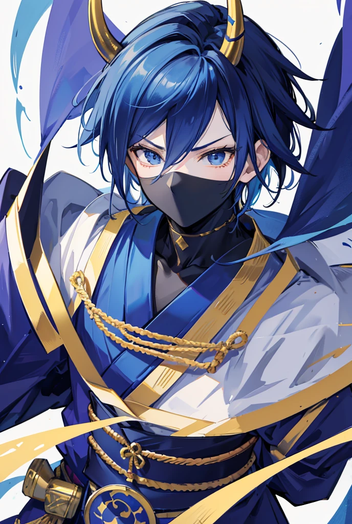 Standing portrait, Central Focus, Centered, Fully in-frame, Solo, Standing still, zoomed out, wears a mask
Gender: male
Appearance: ninja boy with blue hair and a mask, he wears a deep blue and gold samurai armor over a regal kimono and hakama clothes, he has gold bull horns.
