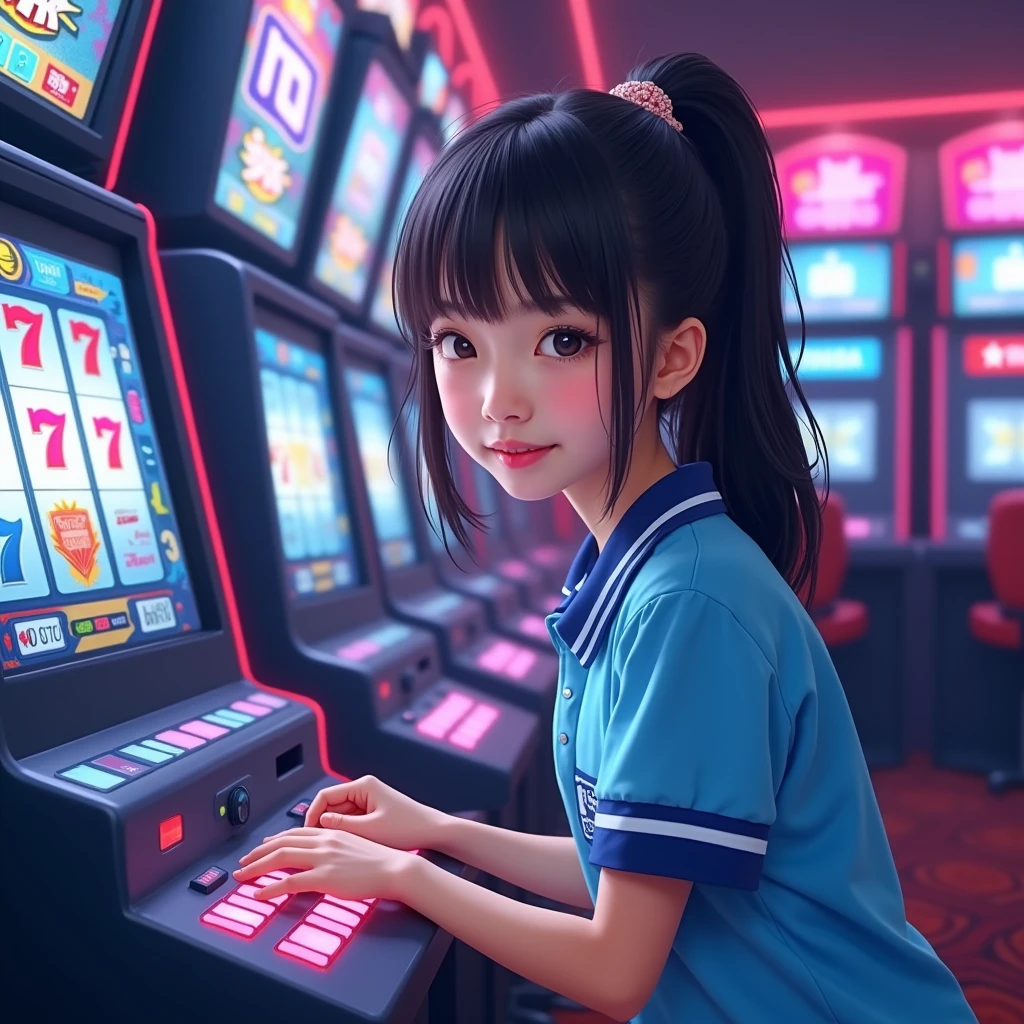 happy and smile, {{indonesian girl}}, {wearing high school uniform}, teasing and waiting customer play, standing, playing in casino, red casino background, polite and kind, Sweet Face, roulette table, poker table, big slot machines right and left, win jackpot, {{no headwear, no hat}}, private casino, crowded gambling area in background, so crowded, so many people, las vegas, american,