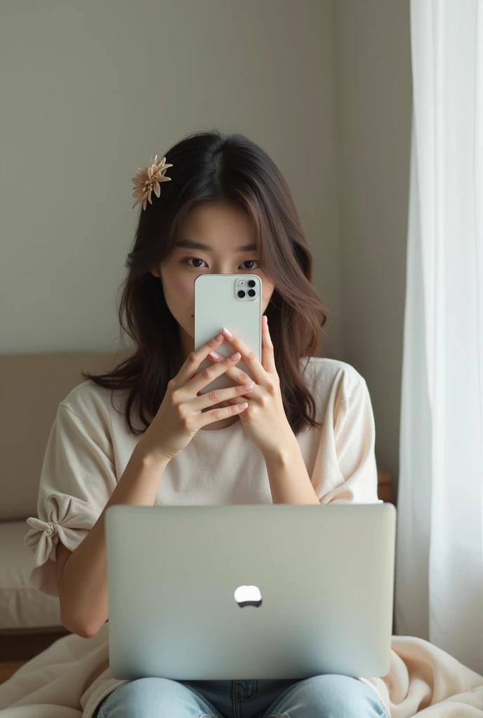 a beautiful tanned japanese woman 2 wearing white messy loose t-shirt, write "uWu" on her t-shirt, with messy bun hair highlighted brown, seen standing and fixing her hair while looking at her pink smartphone in the cozy kitchen in her apartment, broken white wall in her room with paintings on the wall and pink rose petals on dining table, glitters and particles and nice lighting, UHD, HDR, 8k, Masterpiece