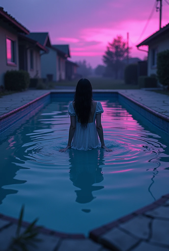 A dark room, with a pool with dark green water, with a yellow lamp hanging on the left wall, a yellow lamp hanging on the right wall and a back and long curly hair in the pool