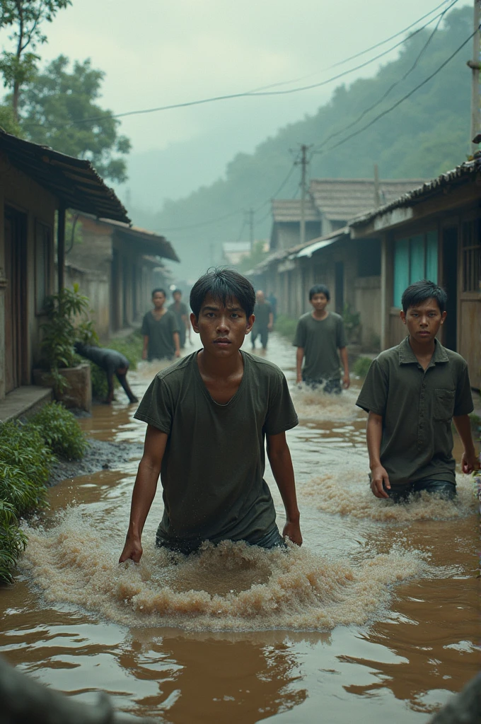 A group of 11 year old East Asian boys,lying in the mud,Wear a sports school uniform,Mud all over the body,volume