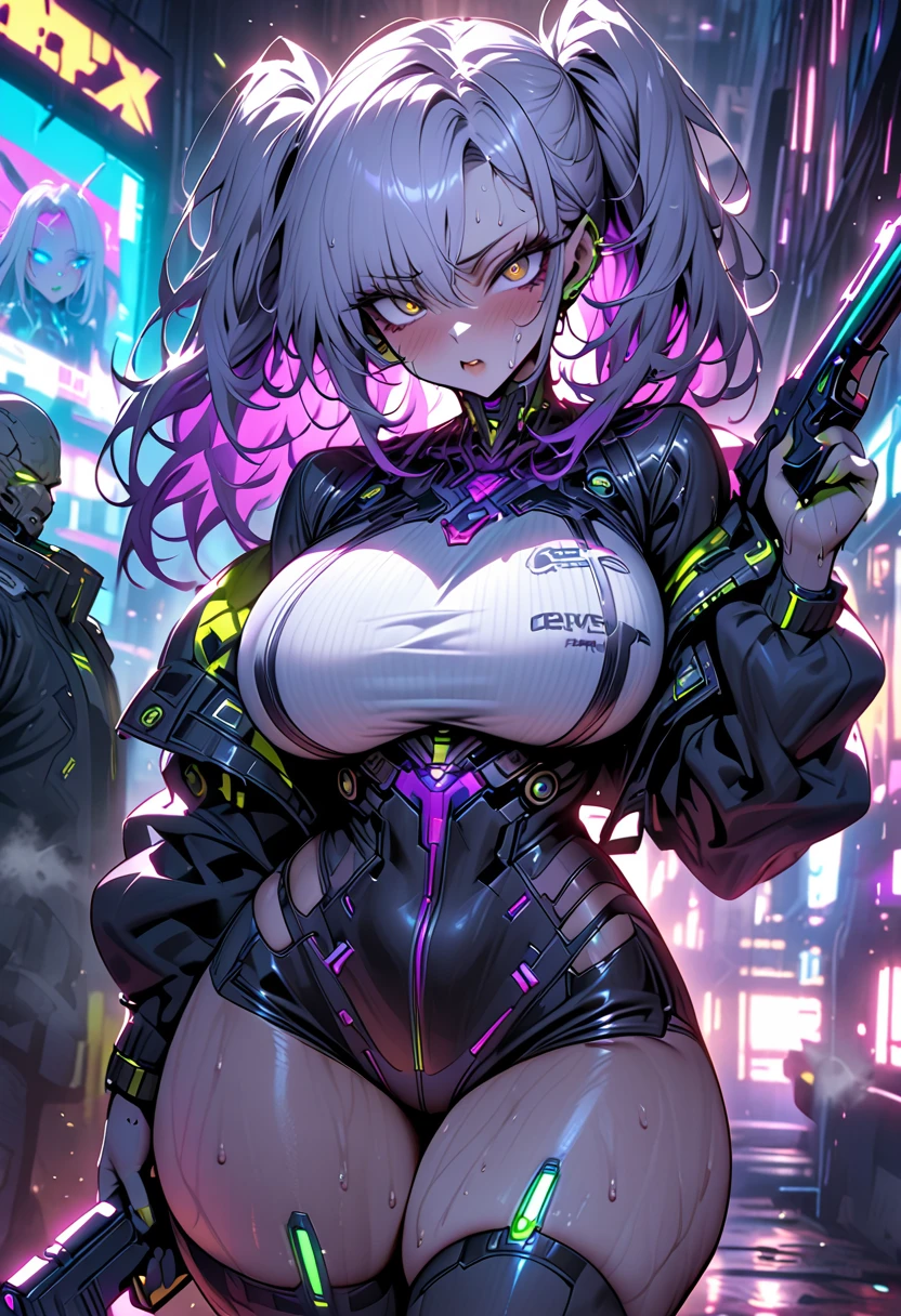 Sweaty、steam、cool、Alluring、Big Breasts、Twin tails、Two Side Up、Silver hair with purple inner color、Golden Eyes、Purple Tattoo、Big Thighs、Cyberpunk、Ready your gun?、beauty、Wipe your cheek