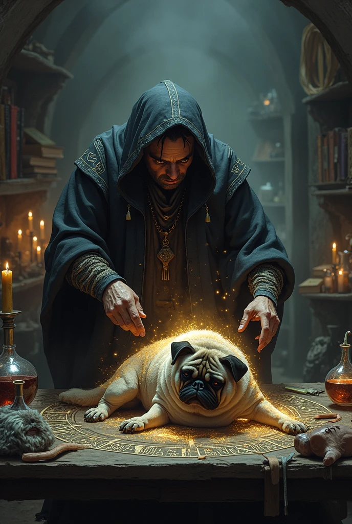 A very old lady dressed as a healer holds a bottle of holy water in one hand and a crucifix in the other hand., before a sinister presence in the form of a black cat with red eyes that lurks