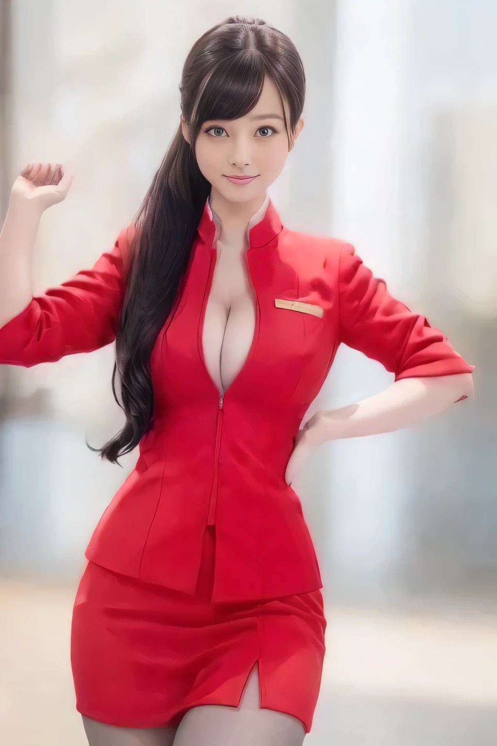 (masterpiece:1.2, Best Quality:1.2), 32K HDR, High resolution,（Airasia cabincrew uniform Real style）, A proper woman, Beautiful Face, Brown Hair, (Long hair that reaches down to her feet), (Airasia cabincrew Uniformの赤いジャケット, Unzipped jacket, Unbuttoned white shirt, Red mini skirt, Pantyhose),（Showing big boobs through cleavage in unbuttoned white shirt）、Perfect slim body, Huge breasts, Huge breasts cleavage, Detailed skin texture, Beautiful Eyes, (Attractive appearance), necklace、Earrings, On the roof of a building, Rooftop during the day,blue eyes、（Extra long hair that reaches down to the feet、Long hair ponytail）,Put your hands down、