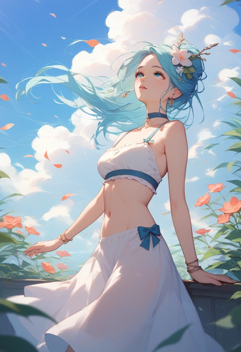 masterpiece, high quality, An absurd solution, Perfect Anatomy, ２Childhood friend of someone，Looking up at the blue sky，Fantasy，End of Summer，Fluttering wind，Soft lighting
