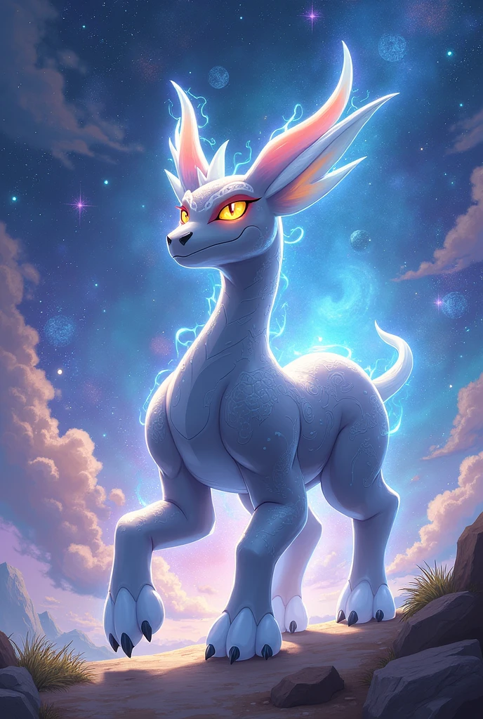 an art of the fakemon celestial celestlleo anime version on top of a rock