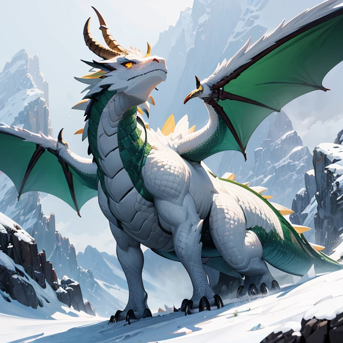 　Dragon　Quadrupedal　Snowy mountain background　Blizzard　Great Storm　White and green body