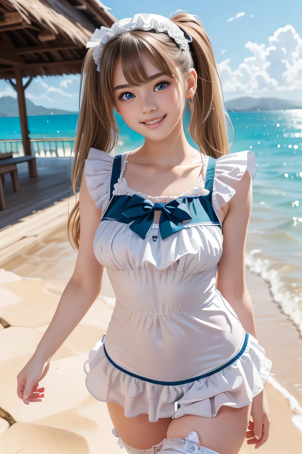 ((masterpiece)), ((highest quality, Ultra high definition)), (Very detailed),8K、Photo quality、((Amazingly cute girl))ld girl)), Two people, , (Beautiful emerald blue eyes), ((smile)),In the open-air bath overlooking the sea, Beautifully arranged blonde hair in twin tails, skim body, (Pale skin:1.3), ((Cute ****ta maid style swimsuit))、Professional Lighting、(White lace knee-highore detailed and beautiful)、(More details and cutenesore realistic)、((Just wear light clothing))、