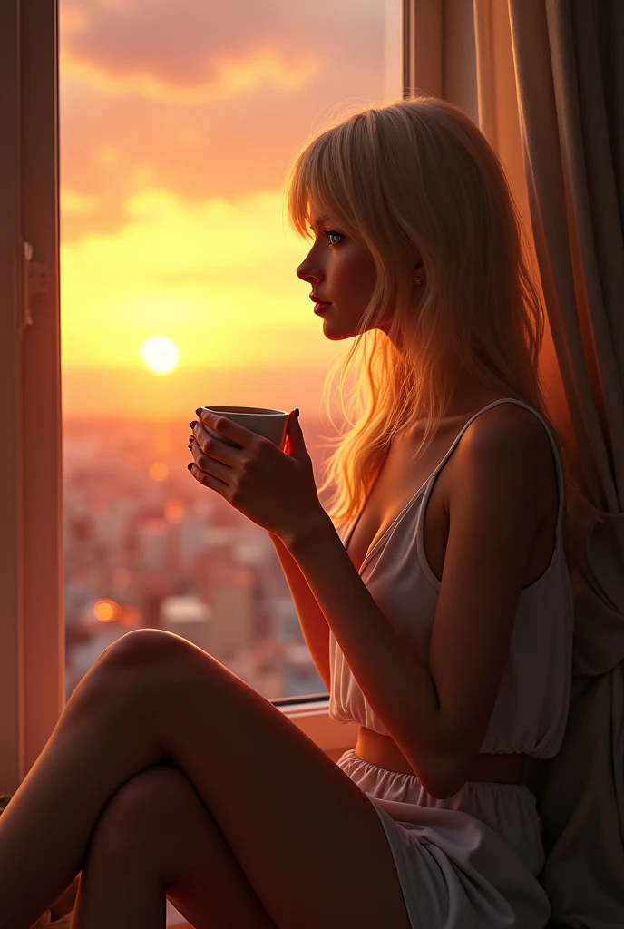 a girl with golden hair, sitting on a bed, no clothes on, drinking coffee, warm sunlight from windows