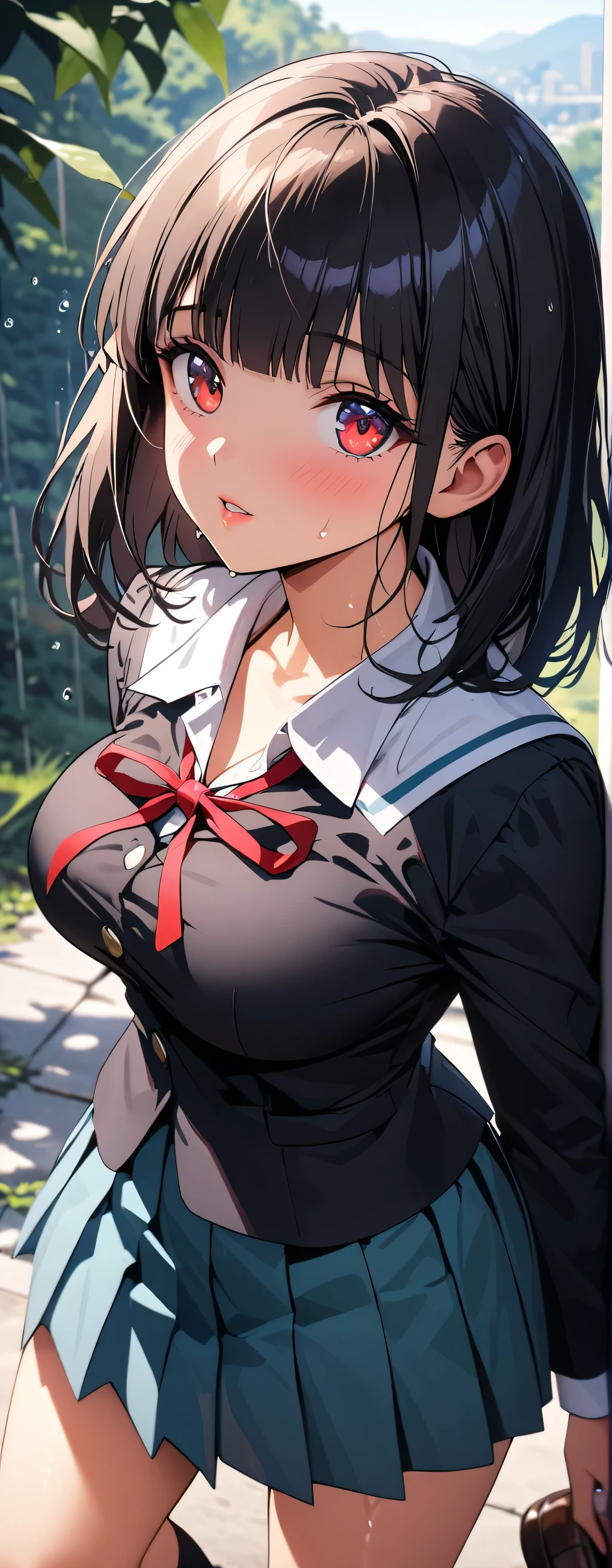 (beautiful girl: 1.3),1girl,masterpiece, Highest quality, Ultra-high resolution,rich contrast,super high quality,8k,Highly detailed CG unit wallpaper,texture,Incredibly absurd,Ultra-high resolution,RAW Photos,Depth of Field 1.2,overlooking,(magnificent panorama view:1.3),(High School Uniform&Pleated skirt:1.5),(blunt bangs,medium hair,Black Hair),Ultra-detailed eyes,sensuous,Glowing Skin,Glitter effect,Beautiful glossy lips,loafers,leaves dripping with rain,sunlight through trees,post-rain aroma,Sigh,look up,(wet),(Large Breasts),After the Rain,focus on lips, Face Up Shot