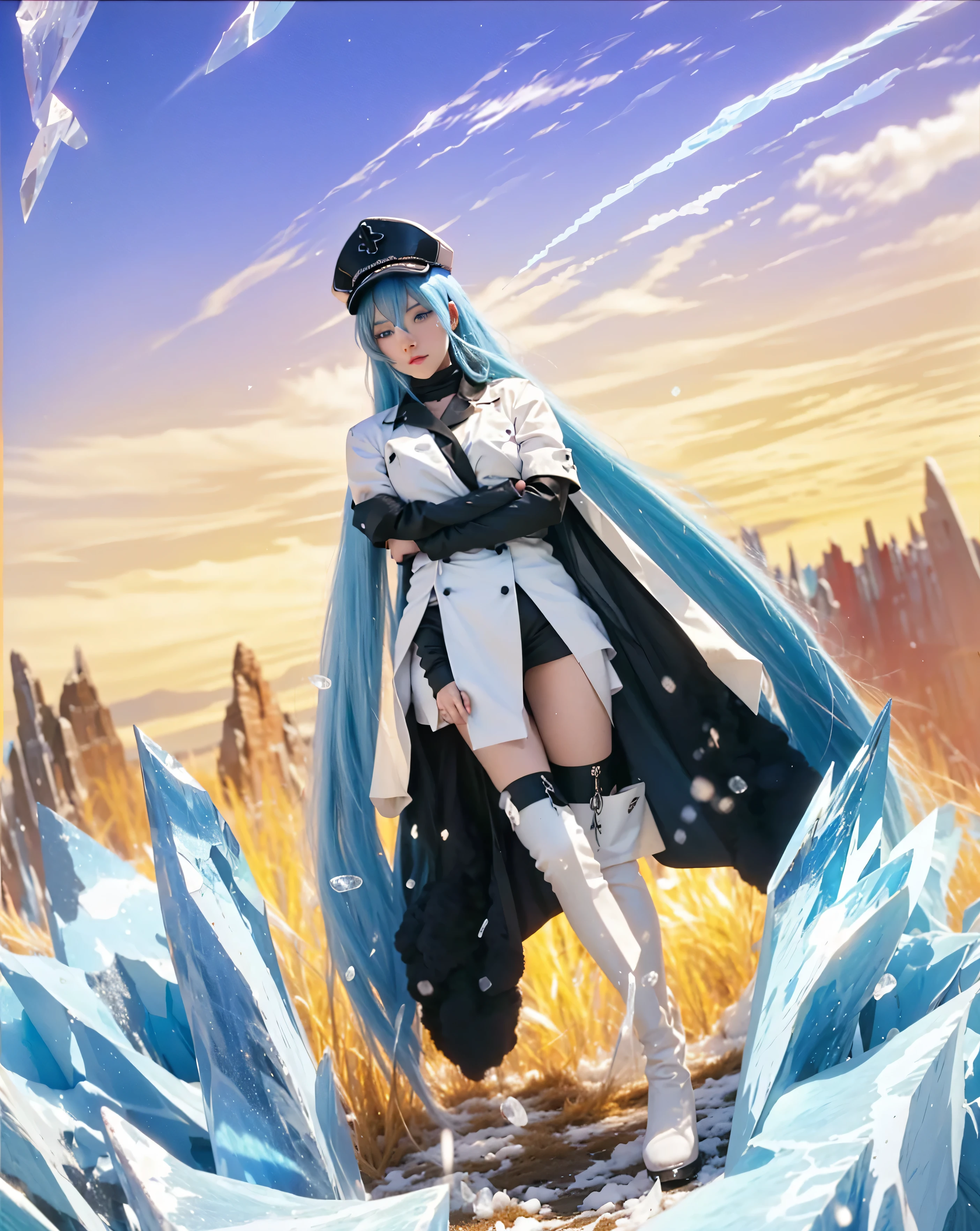 ( AKAME GA KILL_ESDEATH),((realistic, photorealistic)),(highlight hair)), Light reflection, (( HD )),((upper body)), (((best quality, masterpiece))), (masterpiece) (best quality) (detail) (8k) (HDR) (wallpaper) (cinematic lighting) (sharp focuasterpiece, best quality: 1.1), Real life adaption of this character, realistic outfit, realistic shadow, realistic light, realism, hyper realistic, realistic background,realistic hair,(photorealistic:1.2), 1girl, sitting on ice crystals, floating blue hair, smooth thighs,glow effect,Ice crystals,(artwork, best quality) a girl with long blue hair, blue eyes, blue eyelashes, white sailor suit with captain's hat, big breasts, perfect body, pretty eyes, good waist, annoying, blowing cold steam, on an ice wall, ice spikes behind,Iceberg background, Hair loose at the back,Ice particles, crystal ice foreground,