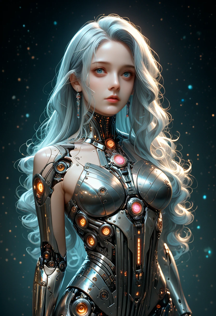 studio photo, beautiful robotic metal woman standing alone, strange fantasy image, odd glowing rocks, beautiful, detailed, long flowing hair, medium breasts, great skin texture