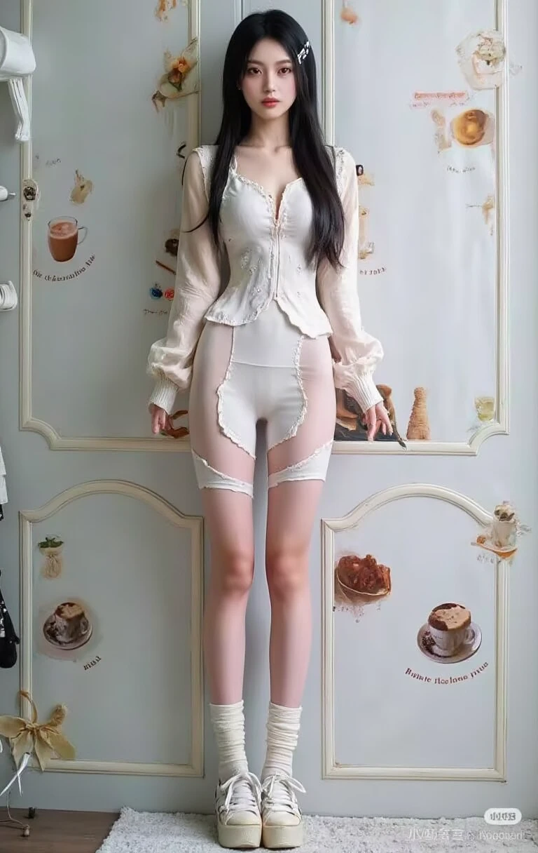 (A 16-year-old Japanese girl with a very slim figure, Firm and small breasts, a thin waist, and a very cute, baby face.:1.5),((Full body portrait:1.5)),very narrow waist,All pure white sheer tight miniskirt lingerie, lace gloves, high heels and garter stockings,Frightened look,Standing empty-handed and looking away,girl is looking somewhere,Secretly taken from the side at a distance:1.5