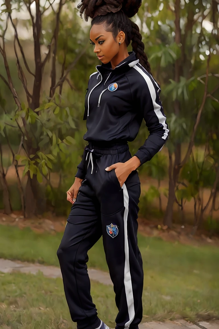 extreme chibi, full body, black jogging suit, blackwomanly, two strand twist updo, TENNESSEE TITANS colors top, sides hair style,