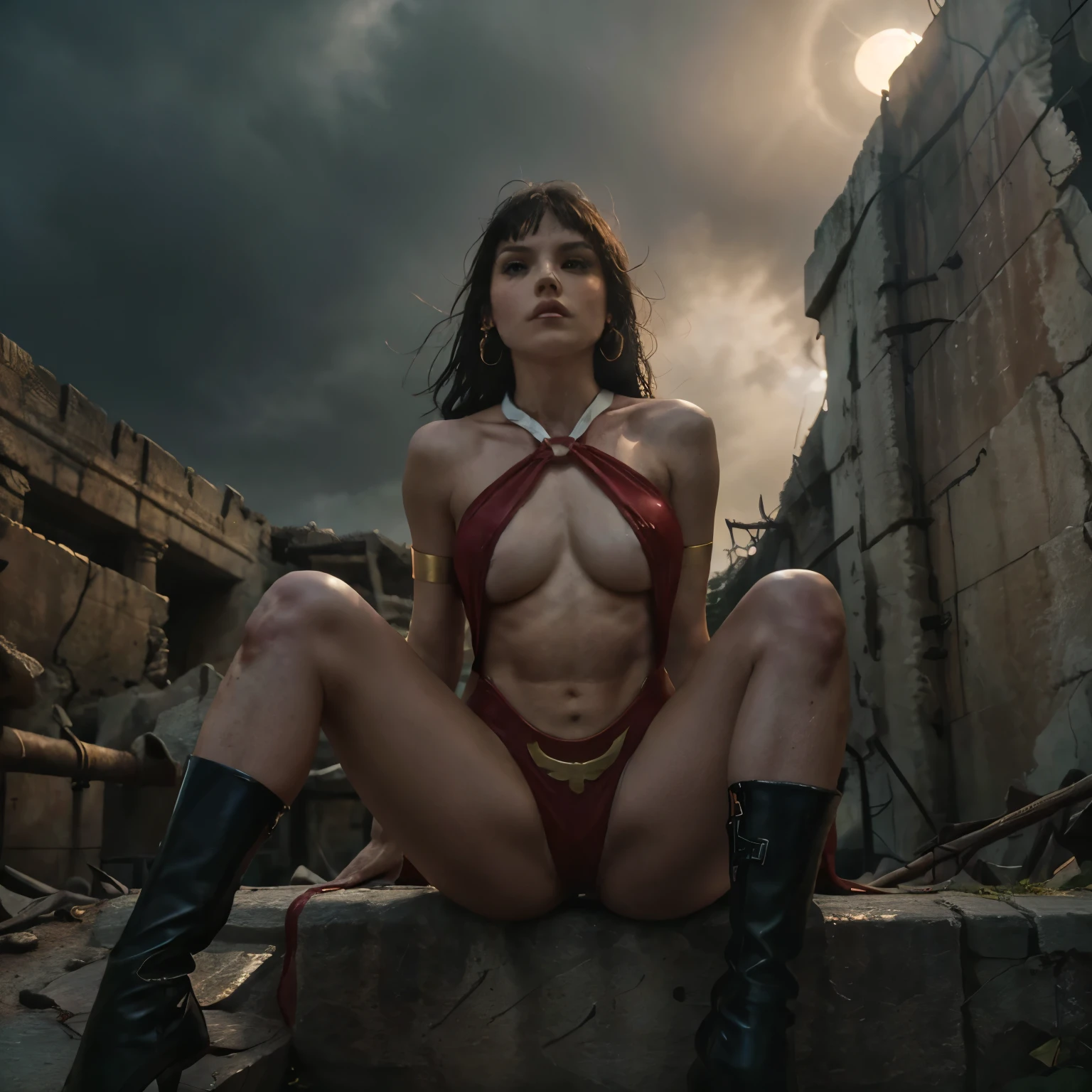 (masterpiece), best quality, expressive eyes, perfect face,(solo),(1girl),((slender body)), (Vampirella manspread), bangle, armlet, boots,((blunt bangs)),((dark hair)),((straight long hair)),((fair skin)), ((red slingshot swimsuit)), criss-cross halter, earrings, eyeshadow, popped collar, ((Daisy Ridley open thighs)),(partially visible vulva),manspread,(cameltoue),(puffy nipples),(dark pubic hair),sky of ruins at night,,torn costumes, damage, injuries, blood, bruises,(shoot from below),