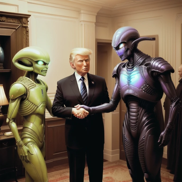 aliencctvlora, Donald Trump shaking hands with grey alien, cctv