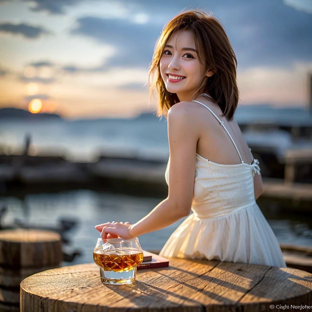 (Realistic, 超Realistic:1.4), 16K HDR, High resolution,((Whiskey Glass)),((Whiskey Bottle)),((Whiskey Glass)),Happy Smile、Short Hair,The best smile、Japanese Actress,so beautiful(It looks like the real thing),Evening Dresses,Cocktail Dresses、Whiskey Bottle、The Macallan、Johnnie Walker、、Old Parr、whiskey、Slim couple、Model Couple、(Realistic, Intricate details:1.2), Single Malt、scotch、Rocks glass、Shot Glasses、Whisky on the Rock、Scotland、Amazing view of the sunset sky and clouds、,Digital SLR camera, Soft lighting, Detailed Background, Volumetric lighting, Sharp focus, super Realistic 肌,so beautiful表現です,Cloud Effect:1.2、プロ品質のHigh resolution、Best Quality,Slim figure,Highly detailed face,Detailed eyes,Beautiful Lips,Excellent light particles,Cinema Lighting