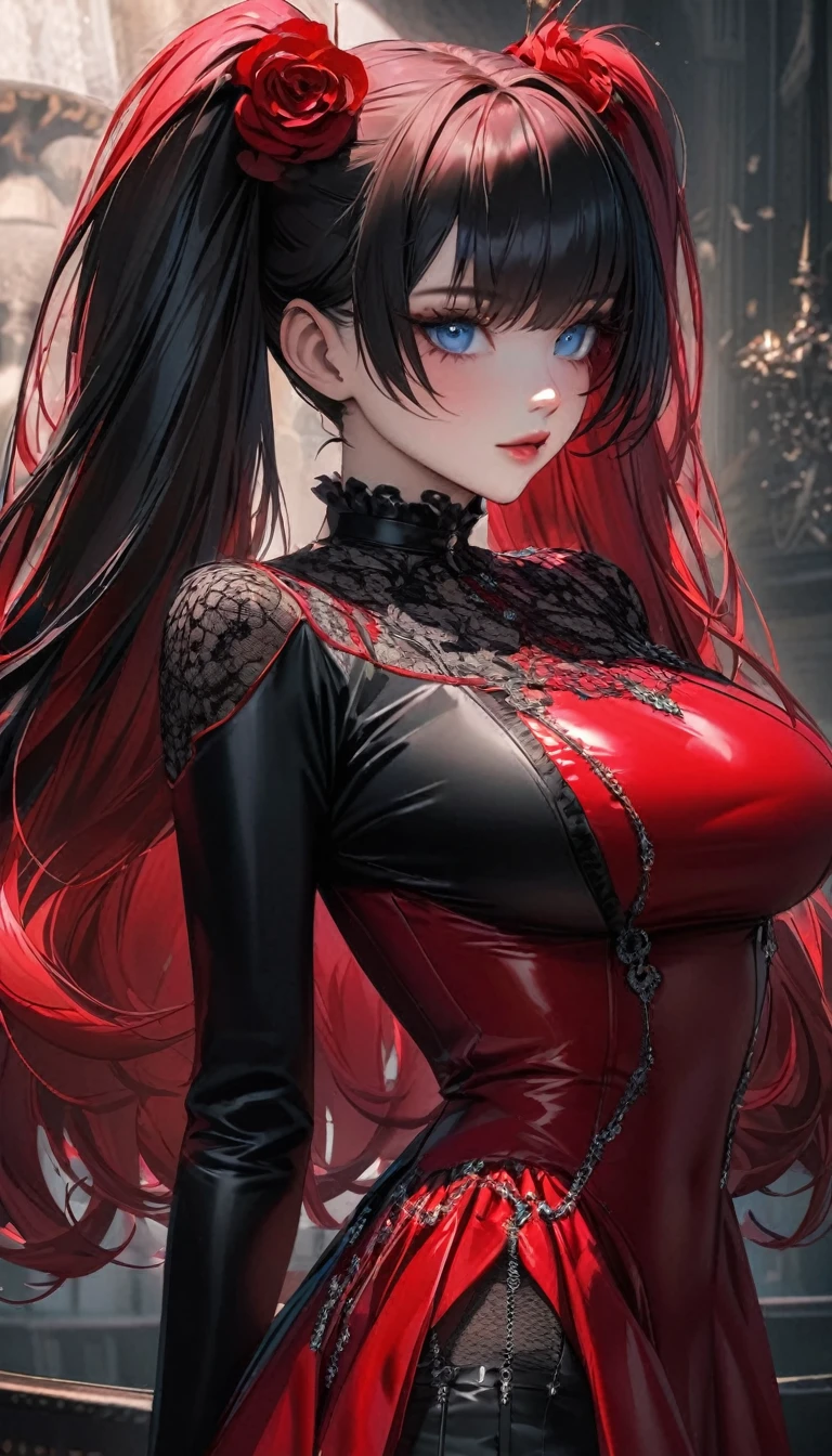 （dark atmosphere，gothic fashion，bright colors），（La mejor calidad，Super exquisite，），A young woman of approximately 20 years old, with big breasts, with deep blue eyes that stand out on his face. her long straight hair, jet black, It is combed in two pigtails that fall over her shoulders.. She wears an elegant red dress with black details, that highlights your figure. She has clear and radiant skin, and her posture highlights her confidence and grace. The image is in hyperrealistic style, Capturing every detail with stunning precision.