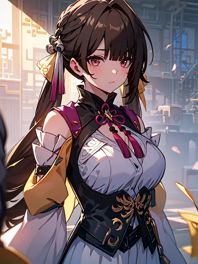 masterpiece, best qualified, SushangV4, 1girl, Alone, long hair, breasts,, small breasts, hair ornament, long sleeves, dress, cleavage, bare shoulders, pigtail, Chinese clothes, sword, detailed backgroung
