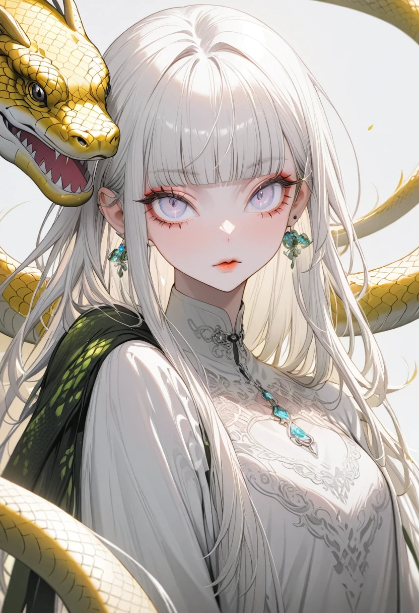 (Best Quality,Very detailed,High resolution:1.2),Albino beautiful girl，Heavy bangs，Long eyelashes，Cool look，Anaconda on shoulder，