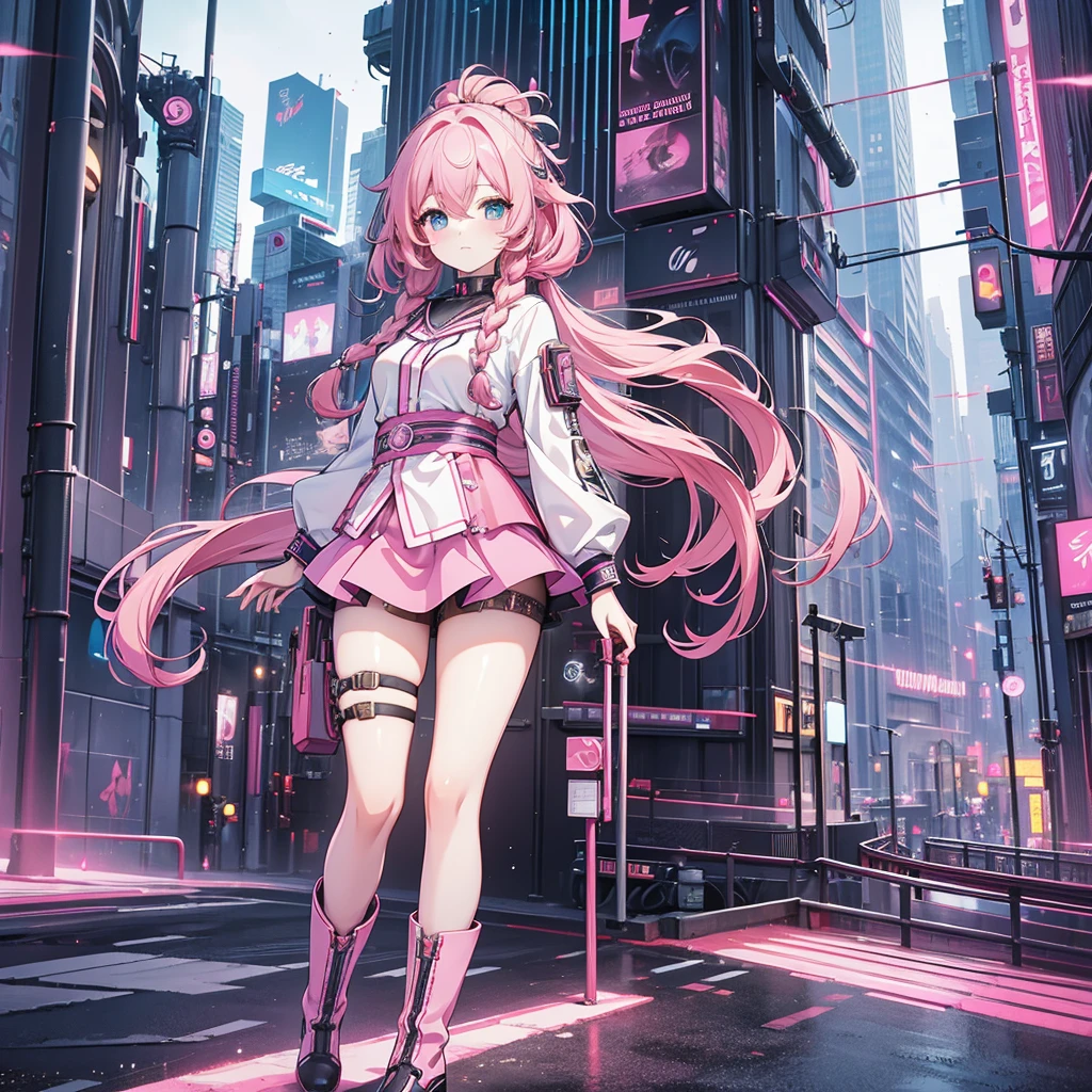 High resolution, Best Quality, masterpieceVery high image quality, Very detailed, Surreal, 3d, anime, Illustration, Fantasy, Hard Rock Girls, So beautiful and cute, Pink wavy hair, Side braid, mini skirt, Knee-high socks, Engineer Boots, background cyberpunk city galaxy  