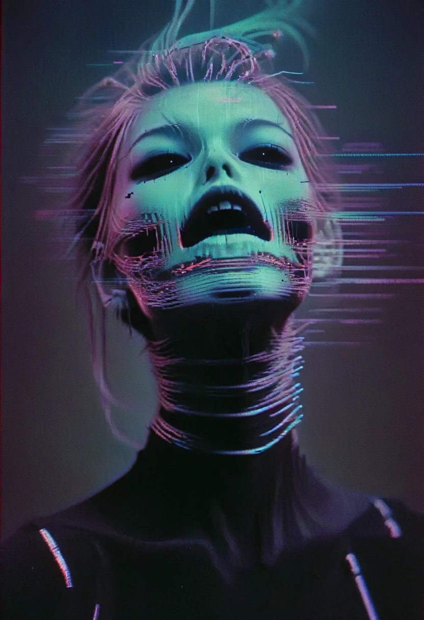 Iconic beauty, vibrant avant-garde fashion photography, undead fashion, dark erotic art, dark fantasy fashion colour horror portraits, dieselpunk, glitchcore, retro synthwave aesthetic, analog CRT scan video lines, motion blur, ((pixel sorting glitch face))