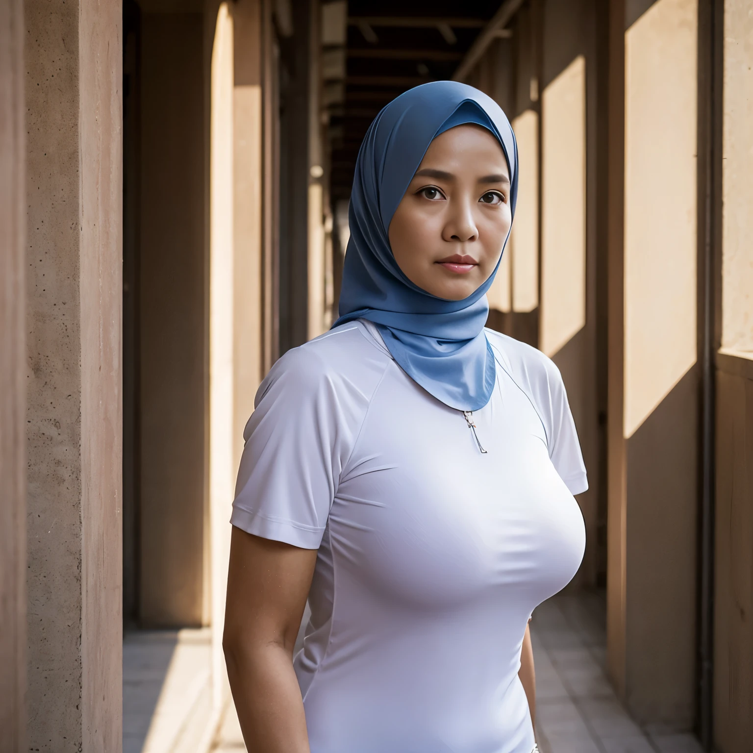 52 years Old, Hijab Indonesian mature woman, Big : 96.9, Long-sleeveles Shirt, Slim body, Breast about To burst out, at School Corridor, Bright light, at Daytime