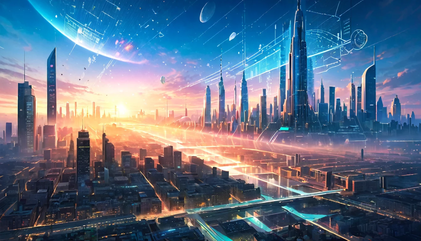 "A futuristic cityscape at dawn, with holographic displays of scientific formulas and discoveries floating above the buildings"