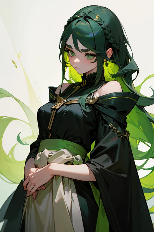 (Highest quality,8k,32k,masterpiece,Hyper HD:1.3),One huge breasted girl,Perfect body,Highly detailed face,Bust photo,Large Breasts,Black Hair,Green clothes,Upper body close-up,Off-the-shoulder outfit