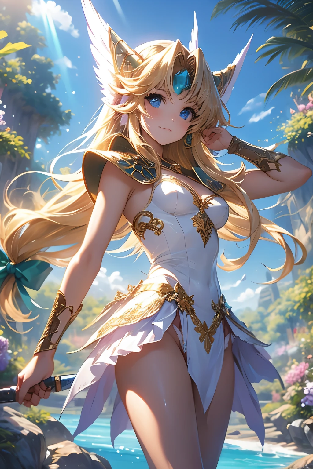 （（（ＳＦＷ、sound、Highest quality、first-clasasterpiece、Normal body、8k、Detailed face、Ultra-precision、Normal hand、Normal finger、５finger、Highest）））、Secret of Mana 3、lease、Class 2、Valkyrie、Blonde、Long Hair、Straight Hair、Hair ribbon、Light blue leotard、Light blue high leg leotard、White slit skirt、gun、Long Spear