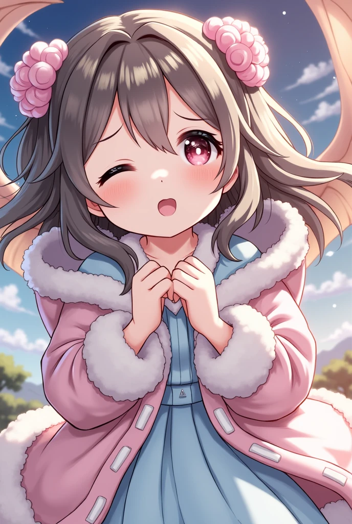 masterpiece, best quality, masterpiece, best quality, 2girls, <lora:jiaran:0.8>, jiaran, (official dress:1.5), brown hair,pink jacket, hair bow, neckerchief, contrapposto, looking at viewer, light smile, cowboy shot, reaching towards viewer, <lora:yuzusoft-chibiV2:1>, chibi