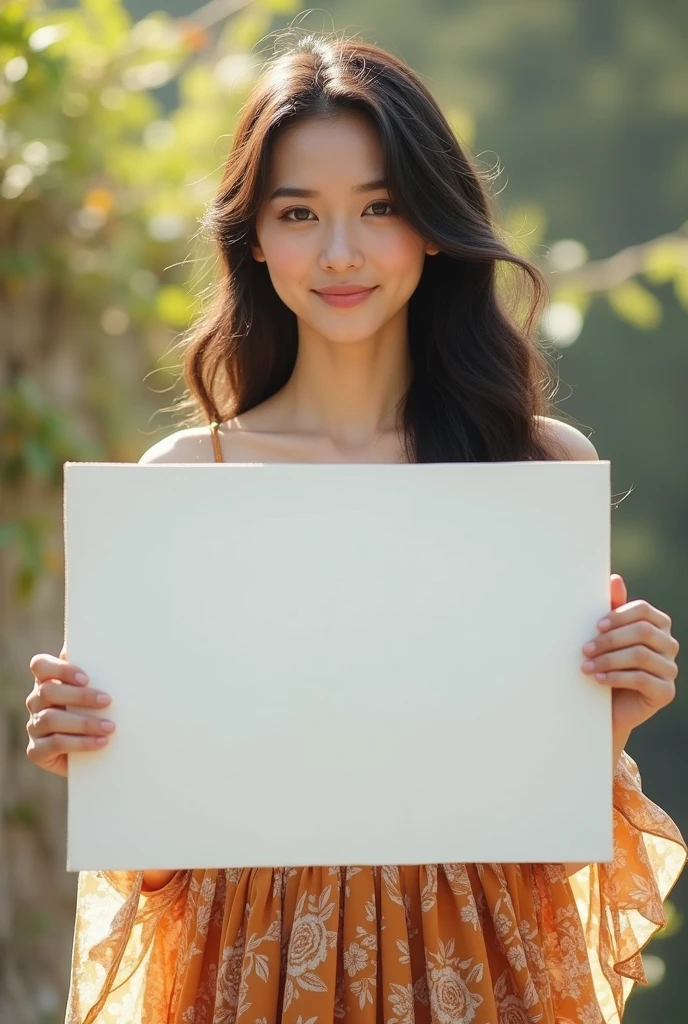 Woman holding large white paper with both hands、White background、Plain background