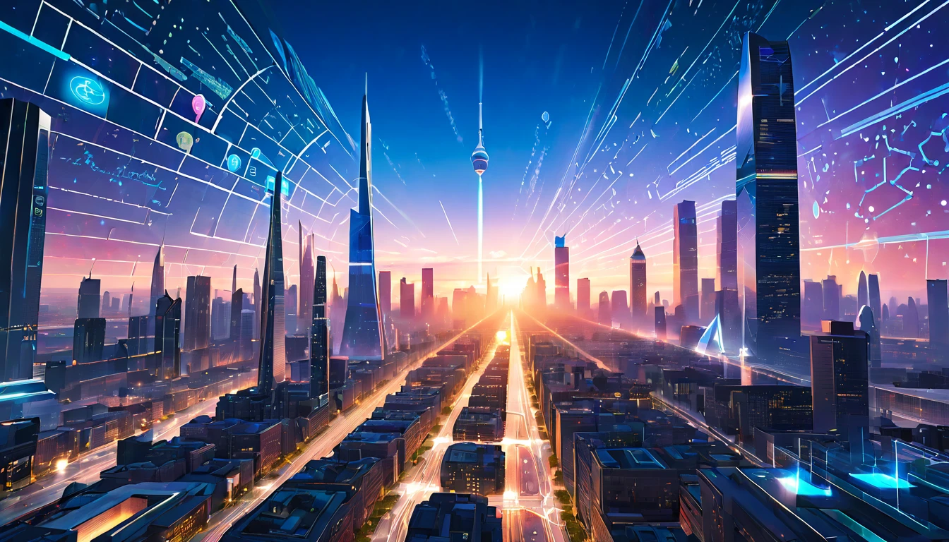 "A futuristic cityscape at dawn, with holographic displays of scientific formulas and discoveries floating above the buildings"