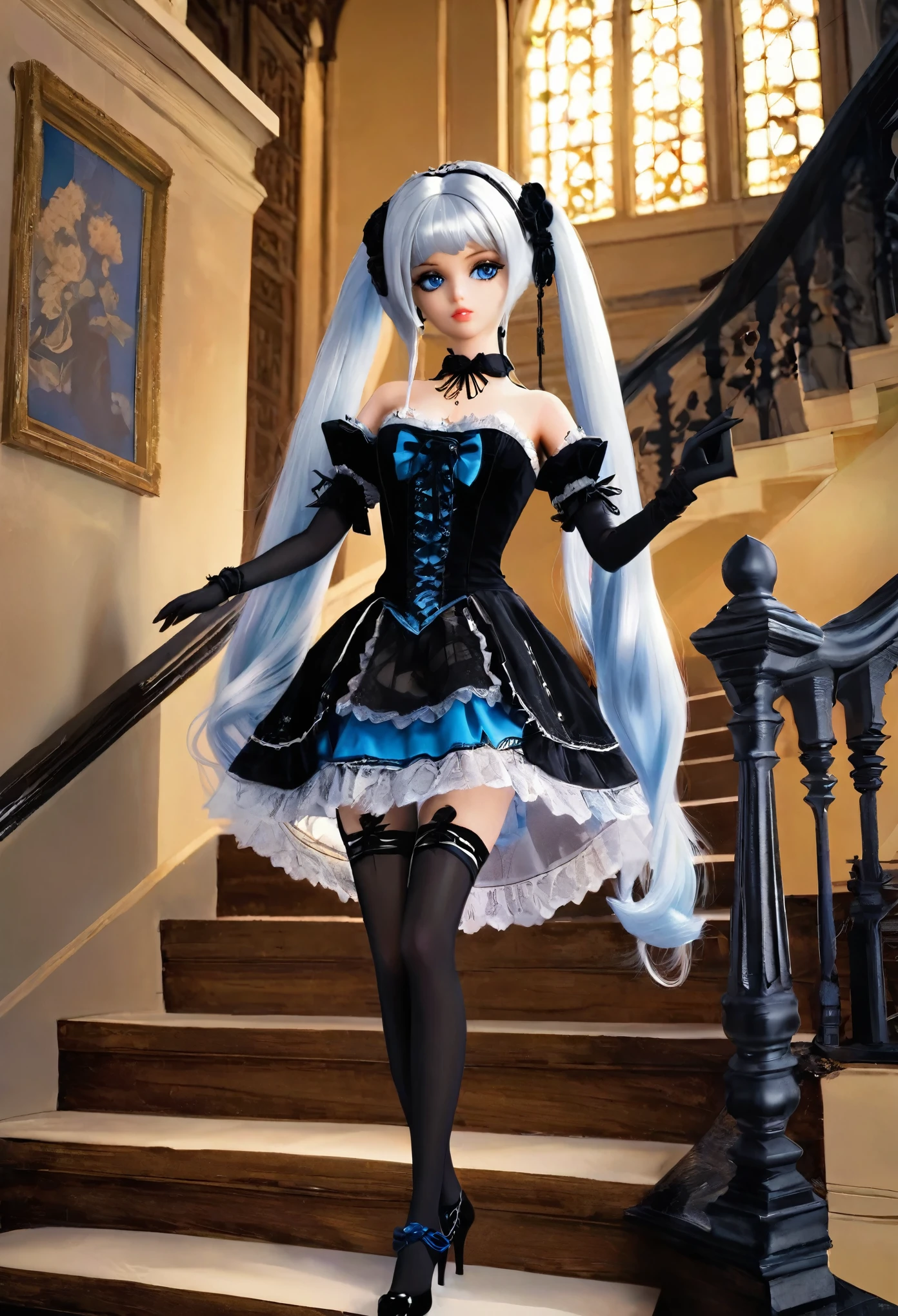 (masterpiece, Best quality: 1.2), 1twintails barbie doll,doll，Colloid，{{{Leg stockings,：Compiled by thin filament lines arranged horizontally}}}，{black stockings},indian style,,full body,from below,high heels,stairs,gothic architecture,,white hair,girl,blue eye,gothic ****ta，,