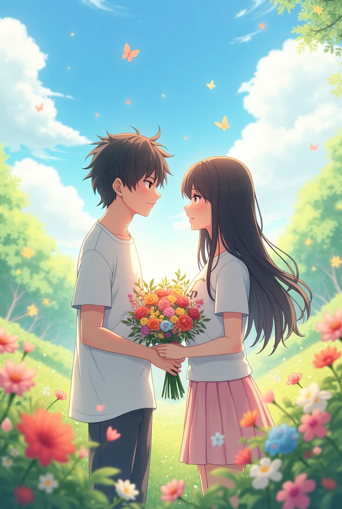 Create a young anime couple, in a landscape setting 
