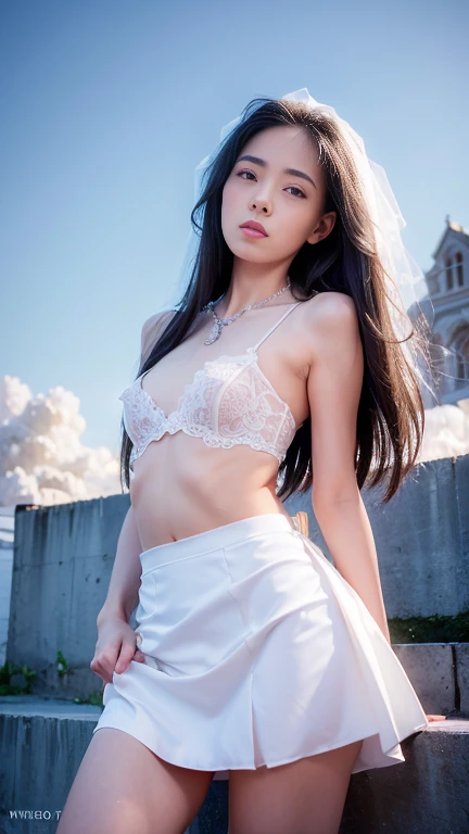 1girls, masterpiece, highest quality, disorganized, retro artstyle, 1980s \(style\)))), look viewer, (((white Wedding dress))), (Madoka Ayukawa, long hair), knee shot, full blush, (((white Panties))),, Take a look here, (((nsfw))), view audience, (((See here))), look viewer,