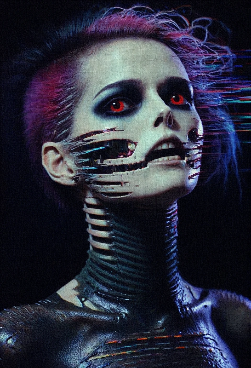 Iconic beauty, vibrant avant-garde fashion photography, undead fashion, dark erotic art, dark fantasy fashion colour horror portraits, dieselpunk, glitchcore, retro synthwave aesthetic, analog CRT scan video lines, motion blur, ((pixel sorting glitch face))