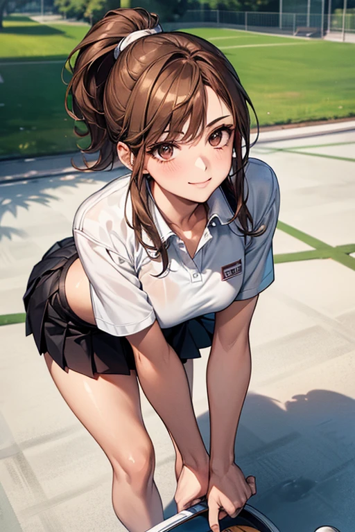 masterpiece, best quality, realistic, hyper-detailed, (shiny skin, sweaty:1.4), absurd, slender, looking at viewer, 1girl, solo, tennis wear, white polo shirt, white sneakers, white miniskirt, short hair, orange brown hair, black eyes, (thick thighs:0.5), dynamic lighting, high resolution, sharp focus, depth of field, detailed eyes, sharp pupils, realistic pupils, small breasts