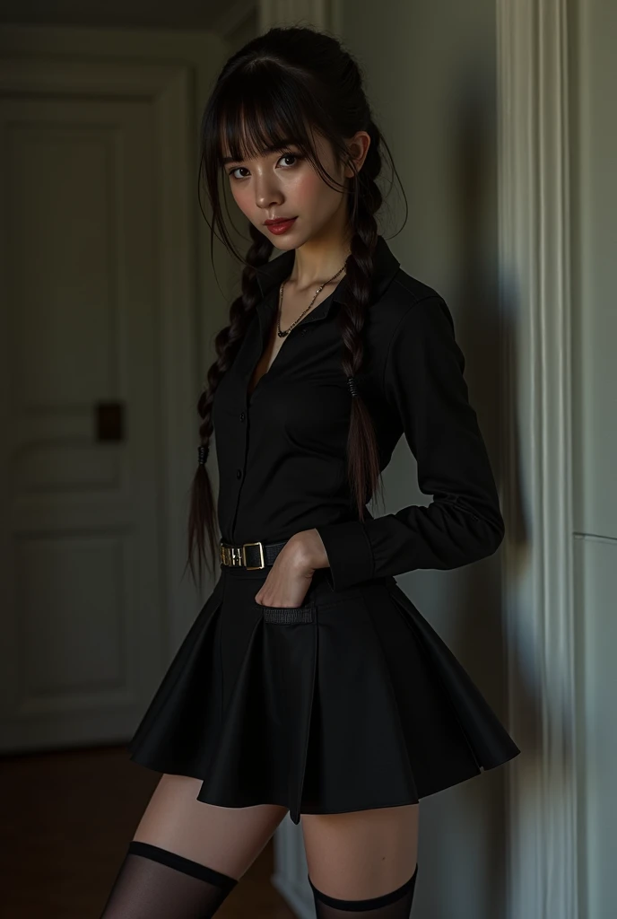 Wednesday Addams ,11 years old,Sexy girl in black sexy lace lingerie with lace tights,pale skin