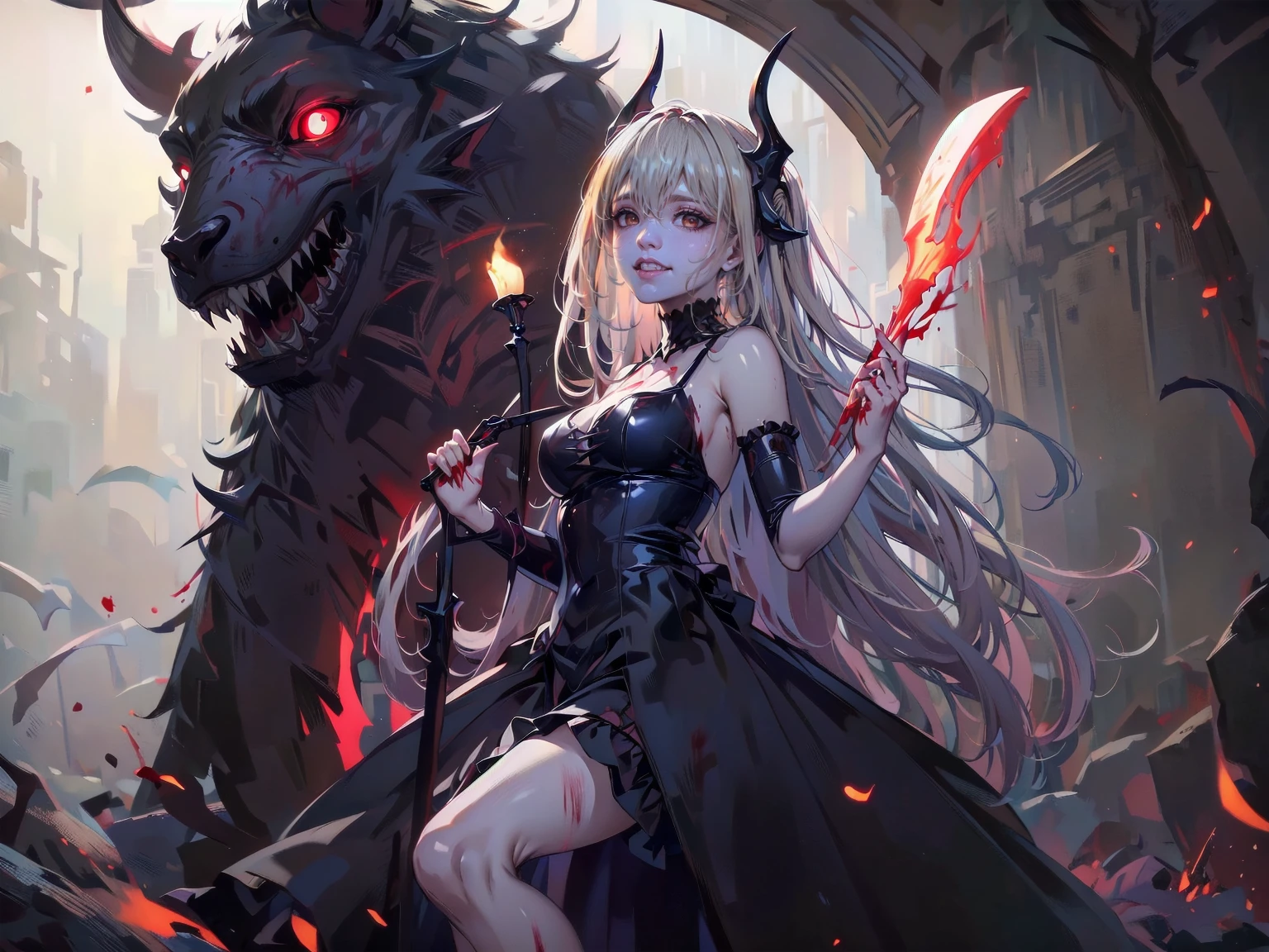 , Perfect Eyes, Soft Light, high quality, 4K resolution, Masterpiece: Finely textured skin, Attention to detail, 最high quality, Awards, Very detailed, high quality, devilの女王、Goat with horns, Gothic Dress, Living in the depths of hell, Lava flow, Blue long hair, Bright Blue Eyes, Red High Heels, Navy Blue Dress、Shadowed face　、Have a weapon、Staring at the audience with a frightened expression、beautiful girl、とてもcute天使、Pink Gothic Fashion、cute、baby face、smile、Long skirt、Black long boots、.(最high quality,4K,High resolution,masterpiece:1.2),Very detailed,Realistic:1.37,Spooky altar background,Dark fantasy,Red color scheme,Ominous atmosphere,Eye-catching,Storytelling,anatomy,Anime Style,Concept Art,beautifulAttention to detail顔と (((Red eyes ))),A terrifying ritual ,devilの儀式,Premature death,Inappropriate behavior,クレイジーなsmile,Scythe Face,Girl Monster, beautiful, Delicate facial features, Sharp Eye, Sharp Fangs, pale Skin, Dark Background, Cinema Lighting, Dramatic Shadows, Gothic style, Gloomy atmosphere, Dark fantasy, One person&#39;S, Please open your mouth wide, Open your mouth and baring your teeth,Sharp teeth like a beast, Wide lips, Very wide mouth, Red cheeks, ,(Blood splatter:1.4),Scary smile, smile,Angel Design, TwiSted smile、Bloody、Head bleeding,,,,,、Blood splatter、,(Blood splatter:1.4),skull,devil&#39;s gun,Horror Style, ((Fantasy Sweet Ta Frill Pink Costume)), ((Flowing blonde hair)), ,(Blood splatter:1.4),Female Curves, Sexy flat stomach, Perfect hands, Perfect anime character face, (Pink Tata Dress)), Standing, ((邪悪なsmile)), ,(Blood splatter:1.4), Steam circulation, Moonlight Illumination, night lighting, (Blood splatter:1.6),アニメAngel Design, TwiSted smile、Bloody、Head bleeding,,,,,、Blood splatter、,(Blood splatter:1.4), skull,Gothic architecture、Western architecture、ファンタジーのworld、,Victorian city, Skeleton Gas Light,Absurd, High resolution、 ((Tabletop)), ((最high quality)), (Very detailedな), ((Very detailed)), (beautiful), ((cute)), (NFSW:1.8), One personで,(:1.6)、(world&#39;最も恐ろしく不気味なdevilの少女:1.5)beautiful face、Full Body Ezbian、pale, beautiful肌、beautiful金の髪、smile gently、Dark building ruins、(snow white&#39;Frill dress:1.3)、(The dark ruins are stained with blood:1.3)、Low angle full body shot、(少女は血の池の中にStanding:1.5)、(The ground is full of blood:1.3)、(The girl lost a lot of blood.....:1.3)、(クレイジーなsmile:1.6)、Spirits、(Blood dripping from the mouth:1.3)、
