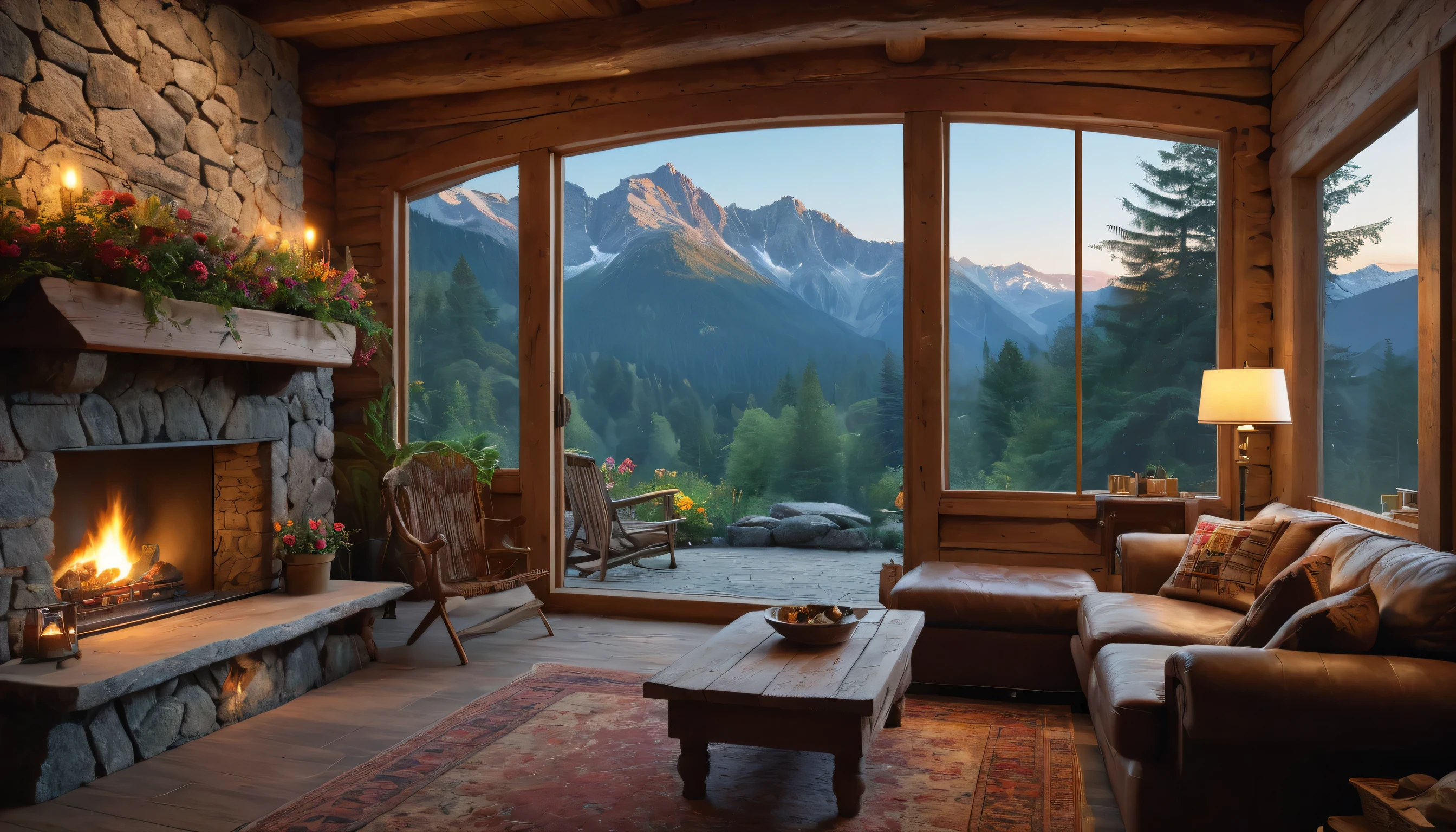 (Best quality, 4K, 8K, high resolution, masterpiece: 1.2), ultra-detailed, (realistic, photorealistic: 1.37), mountain cabin, cozy cottage, wooden house surrounded by mountains, tranquil atmosphere, great attention to detail, serene environment, panoramic views of mountains and forests, secluded location, a window offering magnificent views, rustic and simple design, smoke rising from the chimney, warm and inviting atmosphere, crackling fireplace, comfortable furniture, soft warm lighting, tranquil colors, natural materials, wood paneling, picturesque garden, colorful flowers and plants, clear blue sky, fresh air, gentle breeze, rustling leaves, peaceful and serene, hiking trails, nature exploration, adventure, a paradise away from the hustle and bustle of city life, an ideal place for relaxation and meditation.