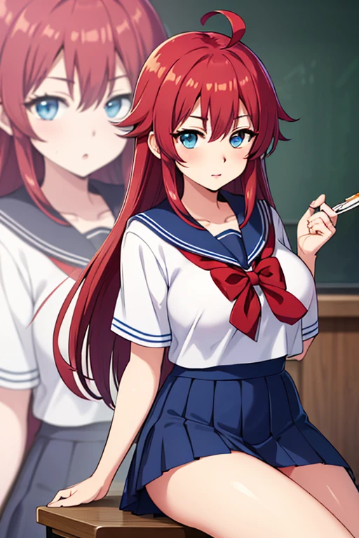 High resolution, masterpiece, 最high quality, High-resolution model, High detail, high quality, Ultra high definition, Red Hair, Very long hair, Ahoge,Spiky Hair, Large Breasts, blue eyes, School classroom、Sailor suit,Micro Mini Skirt,Zoom Layer, 