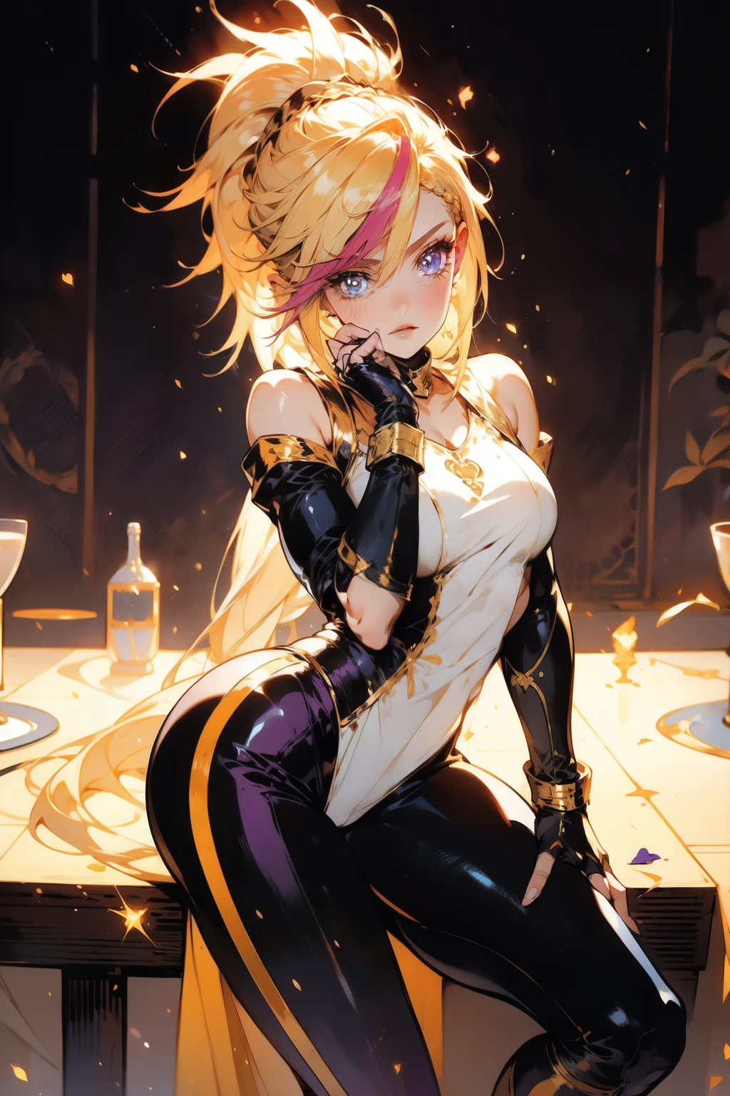 girl, blonde,ultra messy hair, multicolored bangs, braids, long ponytail, angelical forniture, celestial guardian, purple and pink theme, cute pose, long celestial boots, yoga pants, iron shoulders, short breastplate, fingerless gloves, gold gauntlets, ultra detailed face, long eyelashes, glowing eyes, MD Rin, lovely, Alta resolução, Obra-prima, Preciso, Melhor qualidade,