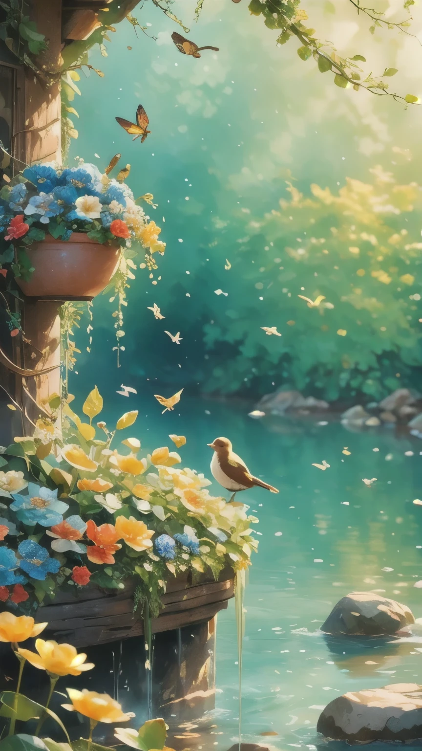 CNWGT style, No humans, bird, flower, traditional media, rock, blue flower, water, Tree, leaf, outdoor, plant, Animal Focus