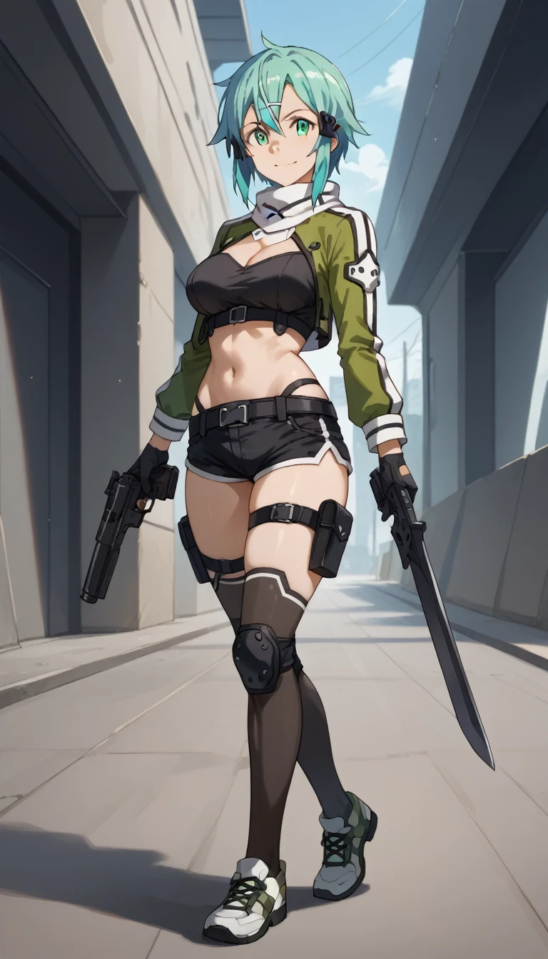 ultra-detailed, 1girl, sinon, Sword Art Online II, (best quality), ((masterpiece)), (highres), 16K, green eyes, perfect face, short hair, blue hair, hair ornament, hairclip, wearing black shirt, wearing bootyshorts, black thighhighs, thigh straps, knee pads, holster, black gloves, belt, sports shoes, busty body, large breasts and a beautiful ass, showcasing cleavage, legs, hips, holding weapon, gun, holding gun, looking at viewer, smile, detailed full body, thigh details, warzone background