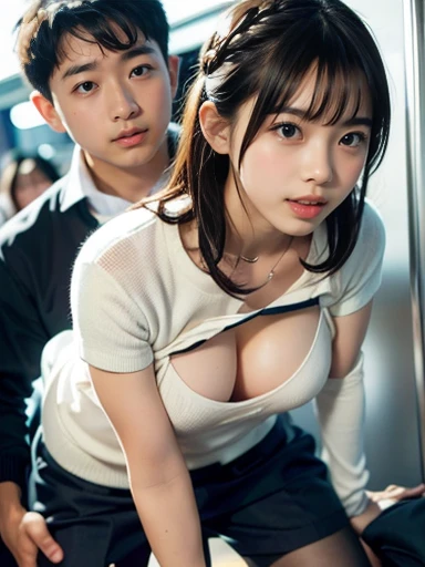 (In 8K、Raw photo、highest quality、Realistic、Photorealistic、Professional Lighting、masterpiece、Very delicate and beautiful、Very detailed、In detail、Ultra-detailed、High resolution、Full Shot)、SFW、Detailed scenario of a very crowded train、One Girl、Beautiful woman(Woman 1)Haa、Wearing a gray jacket and skirt、Beautiful Face:1.5、Model Body Type、、乗客はWoman 1人を除いて全員male...:3、スーツを着たmale、(Woman 1)Touching the body、male(Woman 1)Hug from behind、male(Woman 1)Touching the chest、male(Woman 1)Flip up your skirt、I see your white pants、Woman 1は泣いている、Tears、Nipples are visible