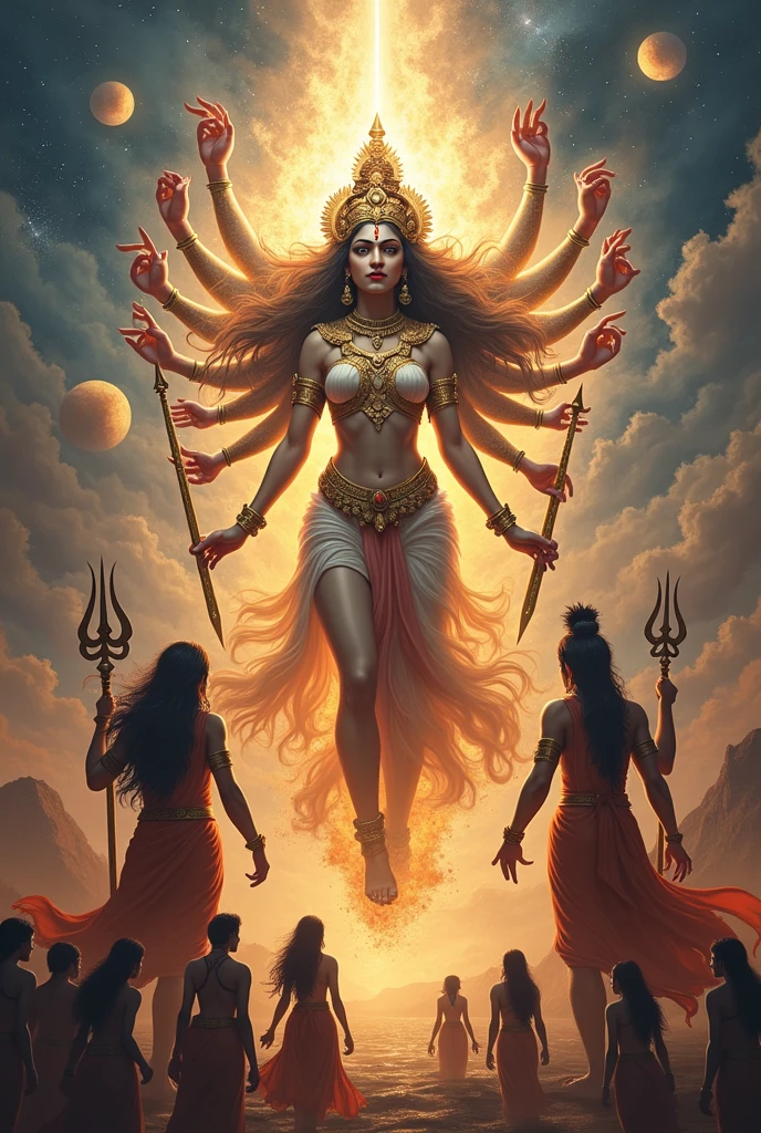 Highly detailed image, goddess durga with ten arms husband lord shiva with sons kartikeya and ganesh