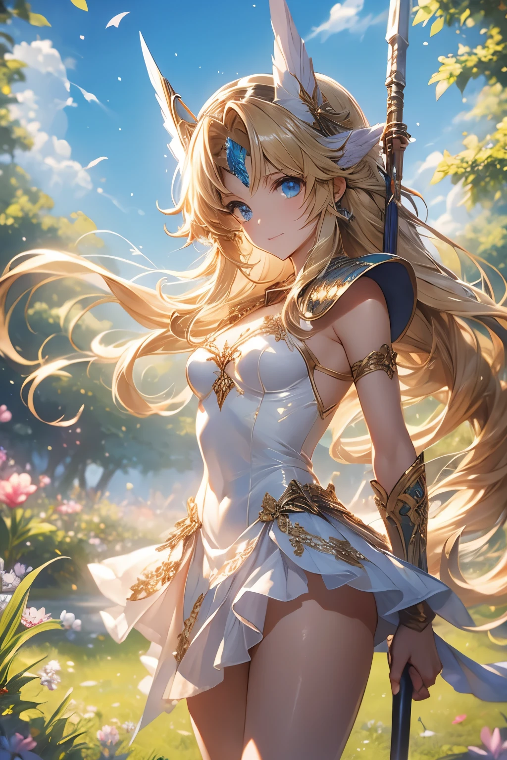 （（（ＳＦＷ、sound、Highest quality、first-clasasterpiece、Normal body、8k、Detailed face、Ultra-precision、Normal hand、Normal finger、５finger、Highest）））、Secret of Mana 3、lease、Class 2、Valkyrie、Blonde、Long Hair、Straight Hair、Hair ribbon、Light blue leotard、Light blue high leg leotard、White slit skirt、gun、Long Spear、Combat Ready、gunを突く、旋風gun