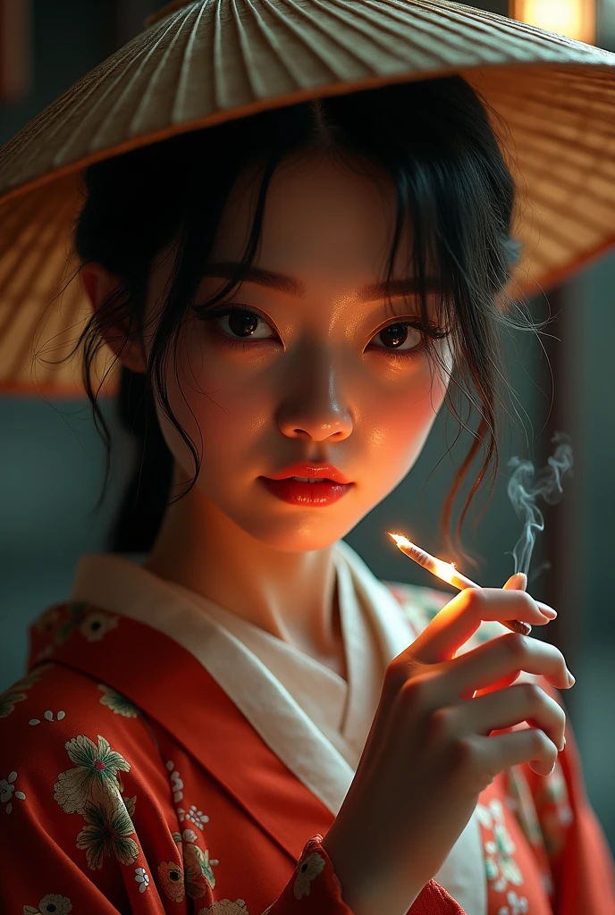 ((Highest quality)), ((masterpiece)), (detailed),One woman, A woman in a kimono、Painful face、Back view、Portrait、The type of kimono is a black formal kimono.、The pattern is a crane and turtle、The background is Japanese hell、煙管を持つ女性のBack view、Give it a dynamic feel、Fantastically。
